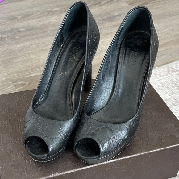Gucci Shoes - Gucci Black Embossed Peep Toe Heels